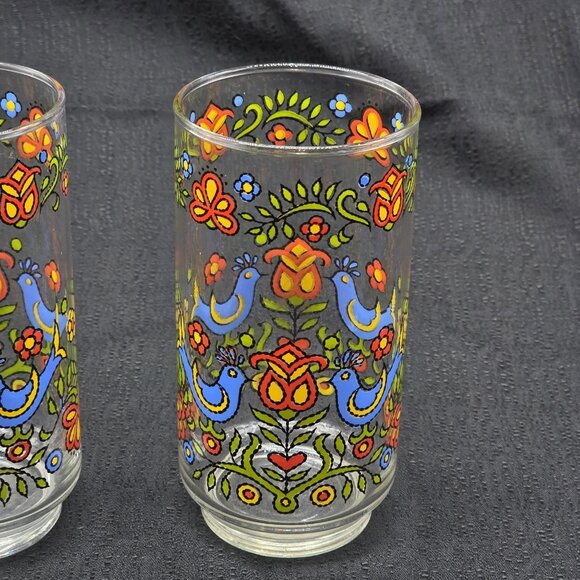 Vintage Libbey Country Festival Folk Art Bluebird Drinking Glasses 10oz Set of 2 - Picture 3 of 9